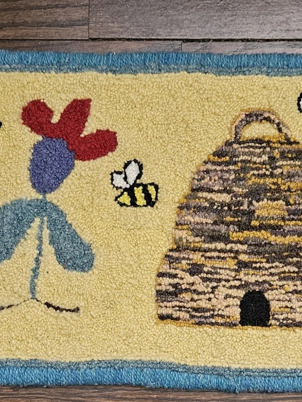 Yellow Beehive Hooked Door Mat Or Table Runner with Floral & Bee Motif